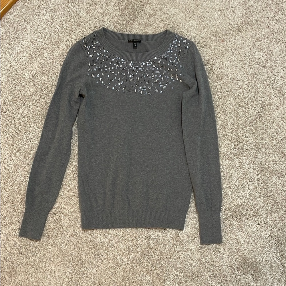 Express Gray Crew Neck Sweater with Sparkling Embellishments